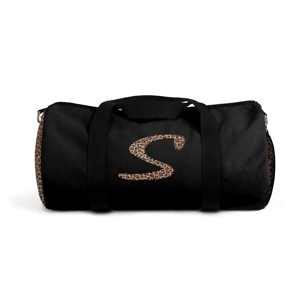 Leopard Monogram Duffel Bag — Black Travel Gym Bag with Animal Print Accent