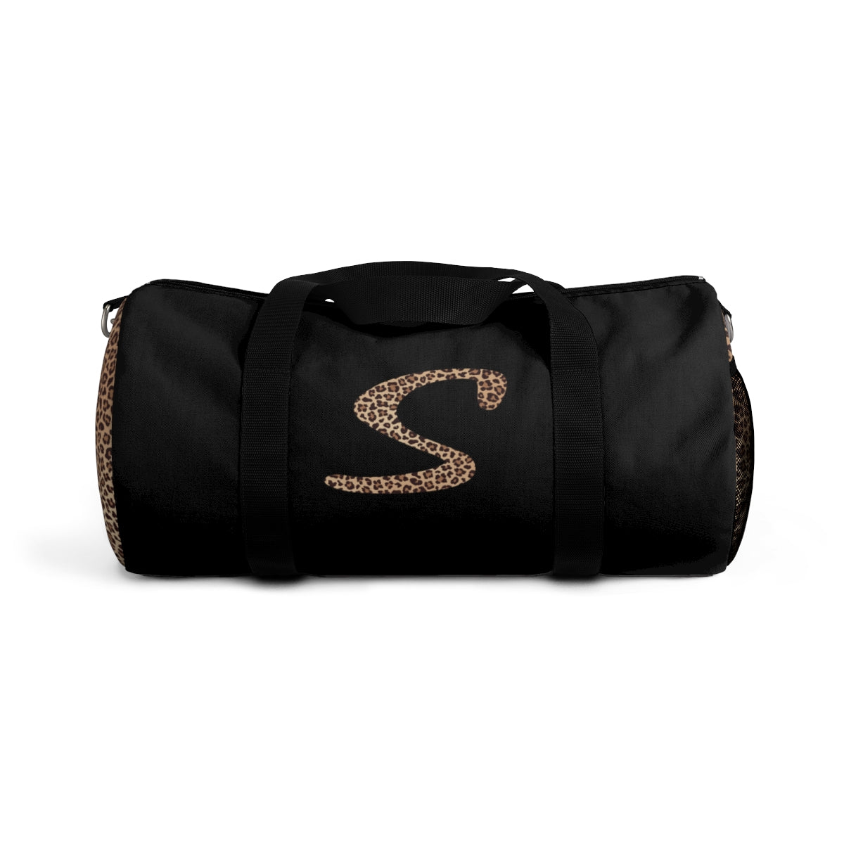 Leopard Monogram Duffel Bag — Black Travel Gym Bag with Animal Print Accent