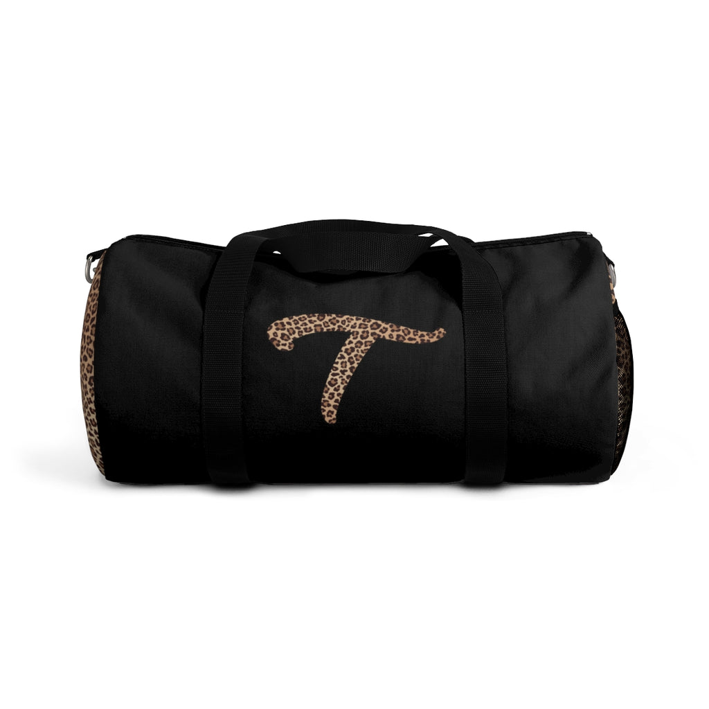 Leopard Monogram Duffel Bag — Black Travel Gym Bag with Animal Print Accent