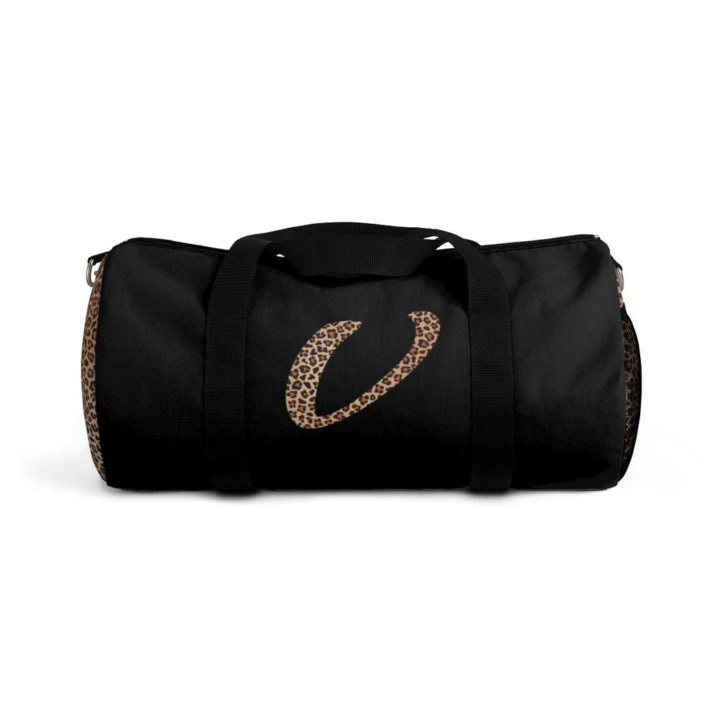 Leopard Monogram Duffel Bag — Black Travel Gym Bag with Animal Print Accent