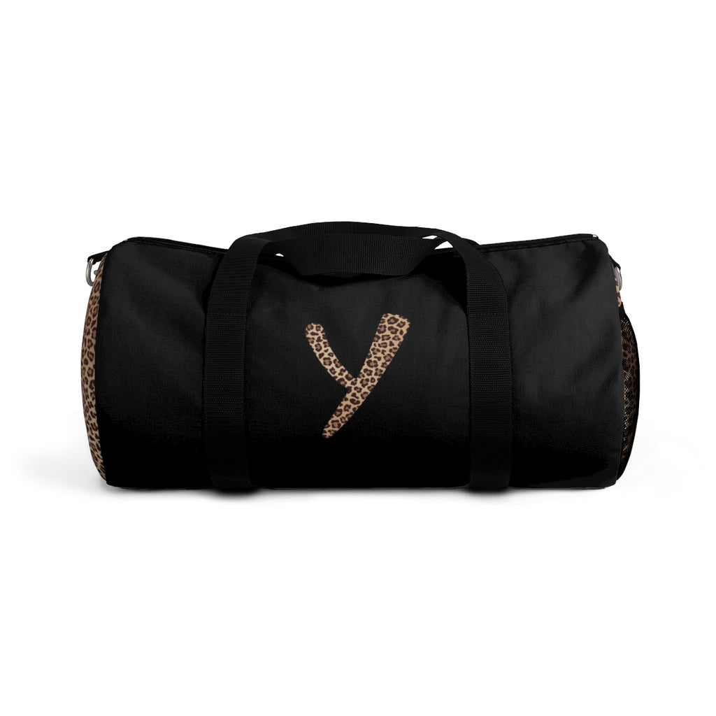 Leopard Monogram Duffel Bag — Black Travel Gym Bag with Animal Print Accent