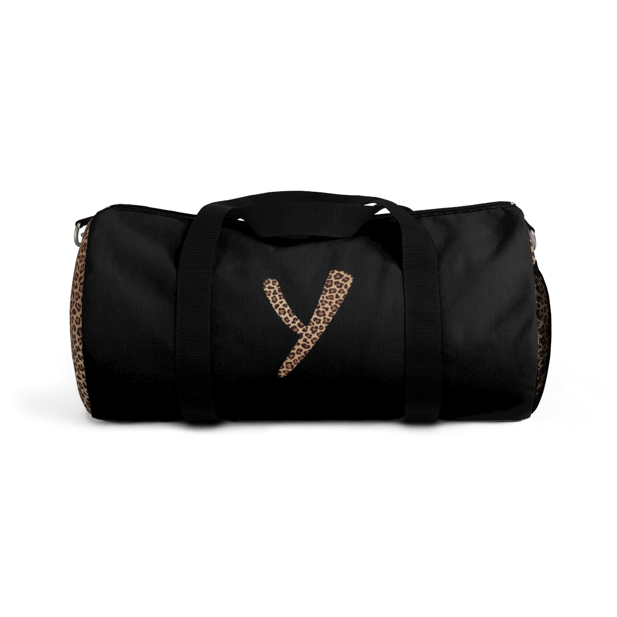 Leopard Monogram Duffel Bag — Black Travel Gym Bag with Animal Print Accent