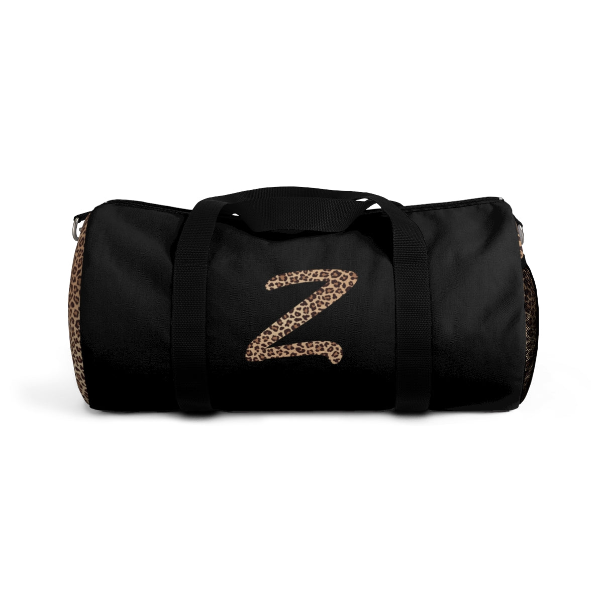 Leopard Monogram Duffel Bag — Black Travel Gym Bag with Animal Print Accent