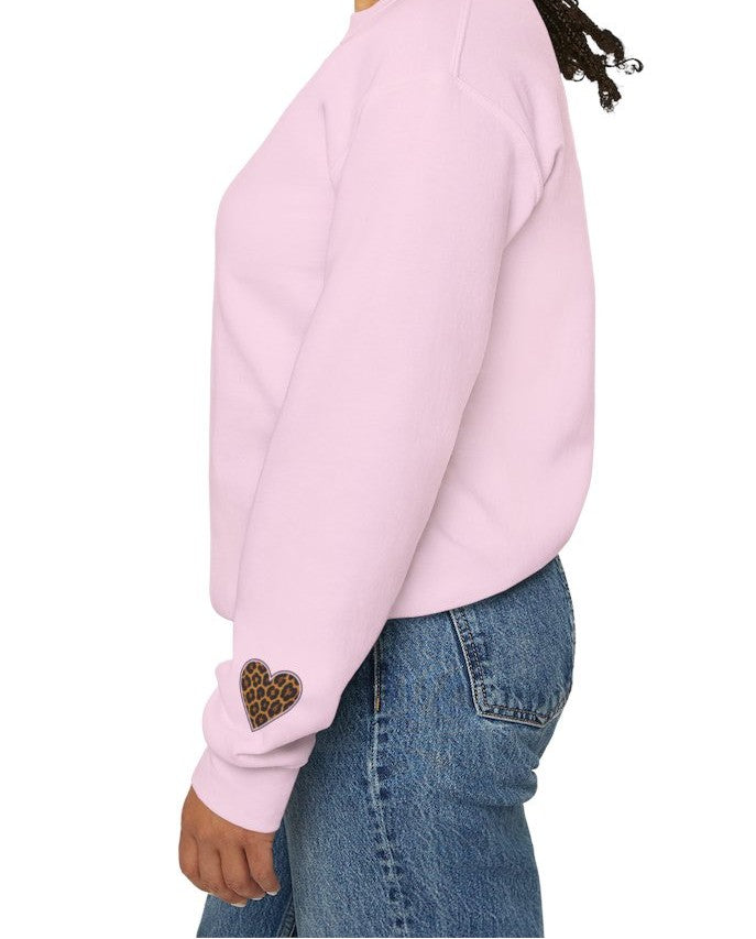 Mimi Personalized Crewneck Sweatshirt —  Leopard Heart Sleeve Design