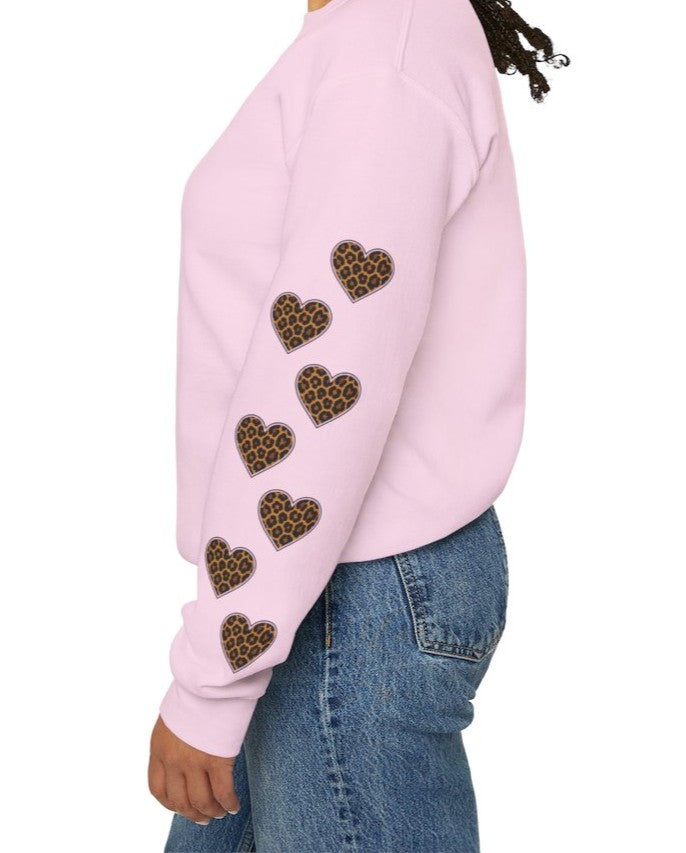 Mimi Personalized Crewneck Sweatshirt —  Leopard Heart Sleeve Design