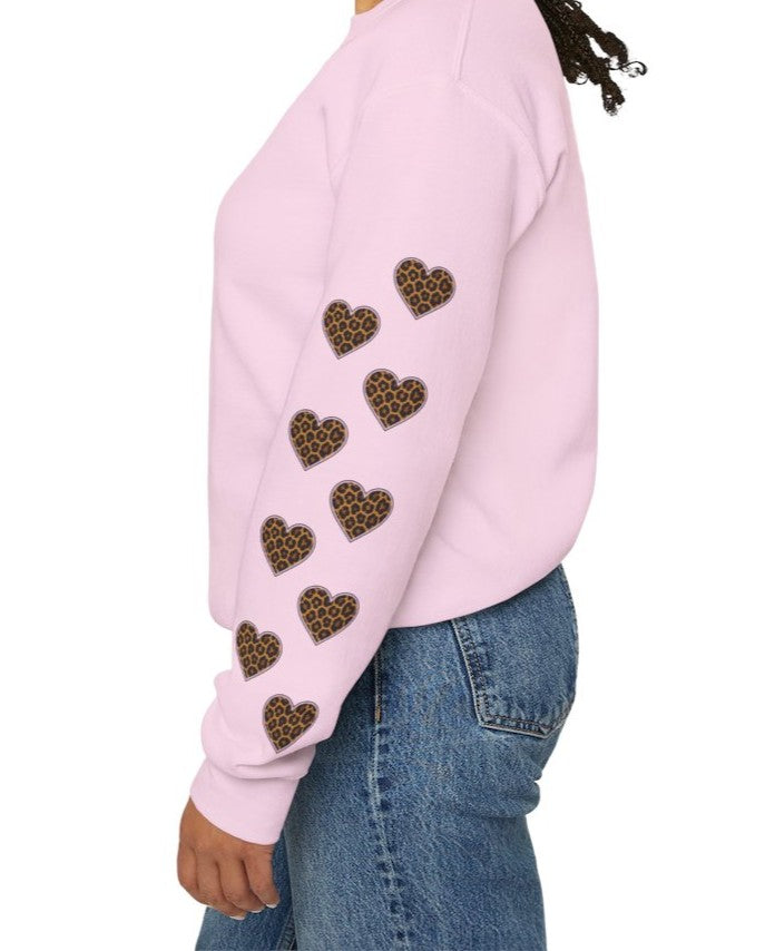Mimi Personalized Crewneck Sweatshirt —  Leopard Heart Sleeve Design