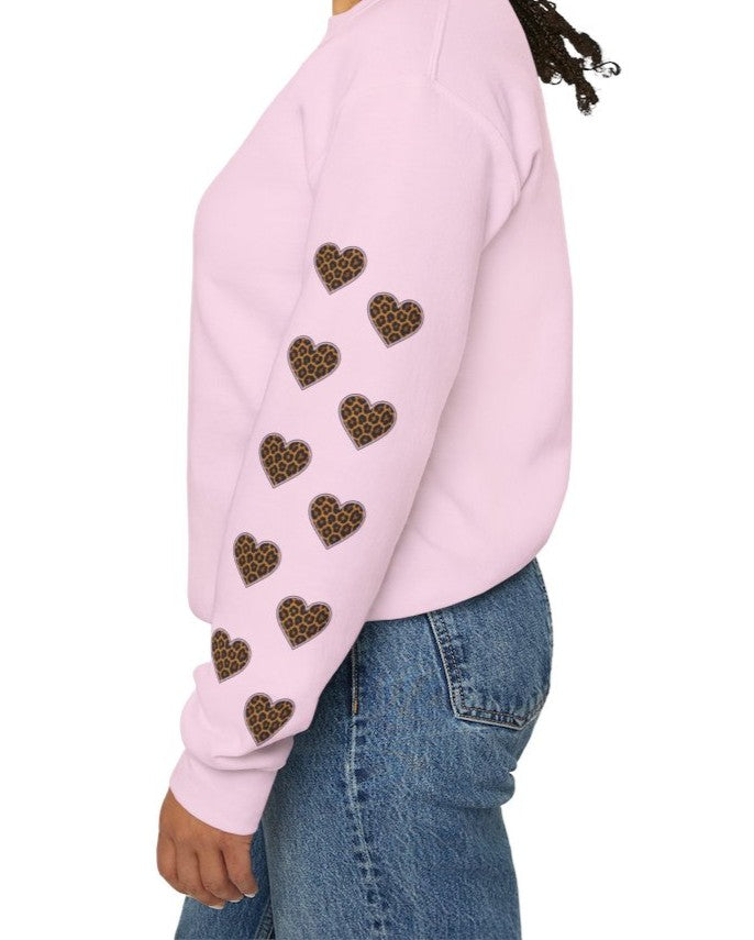 Mimi Personalized Crewneck Sweatshirt —  Leopard Heart Sleeve Design
