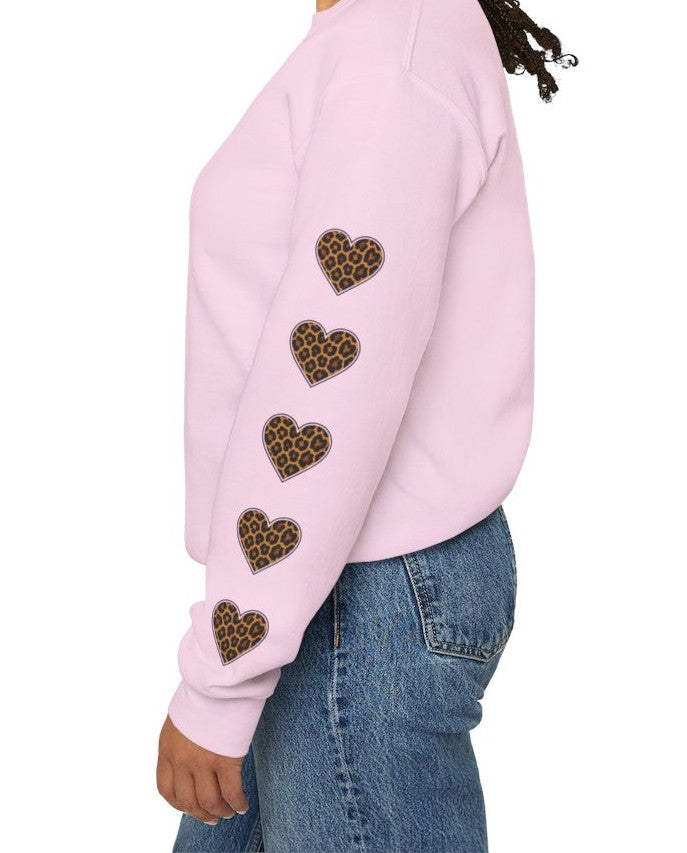 Mimi Personalized Crewneck Sweatshirt —  Leopard Heart Sleeve Design