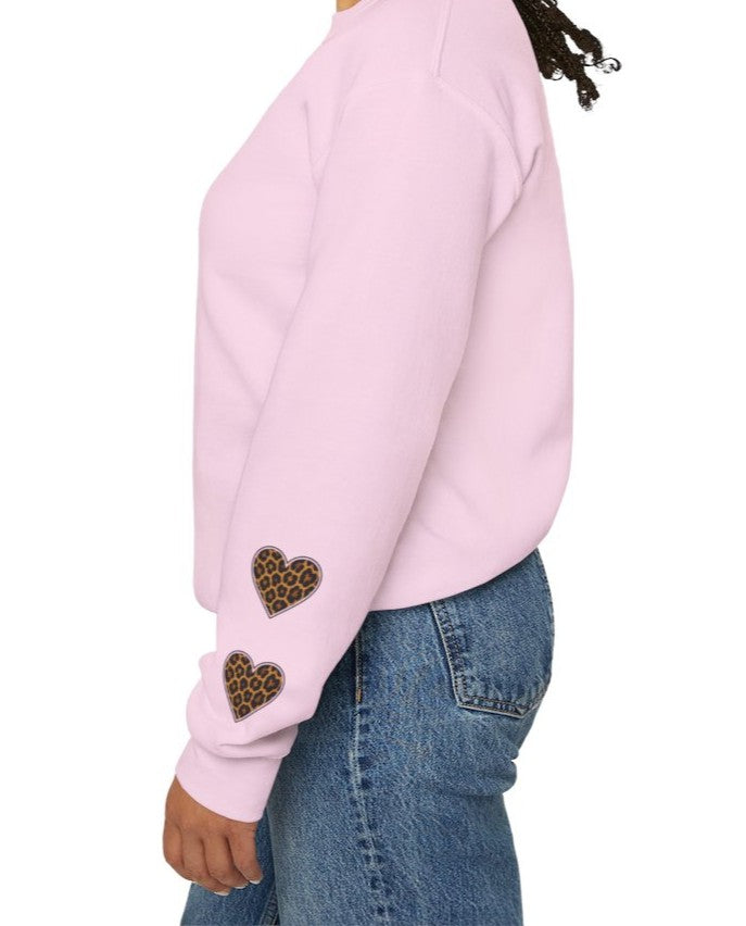 MawMaw Personalized Crewneck Sweatshirt —  Leopard Heart Sleeve Design