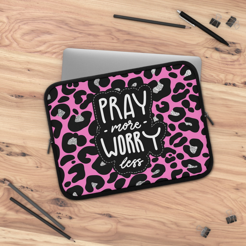 Pray More Worry Less Pink Leopard Laptop Sleeve — Faith-Inspired Protective Case