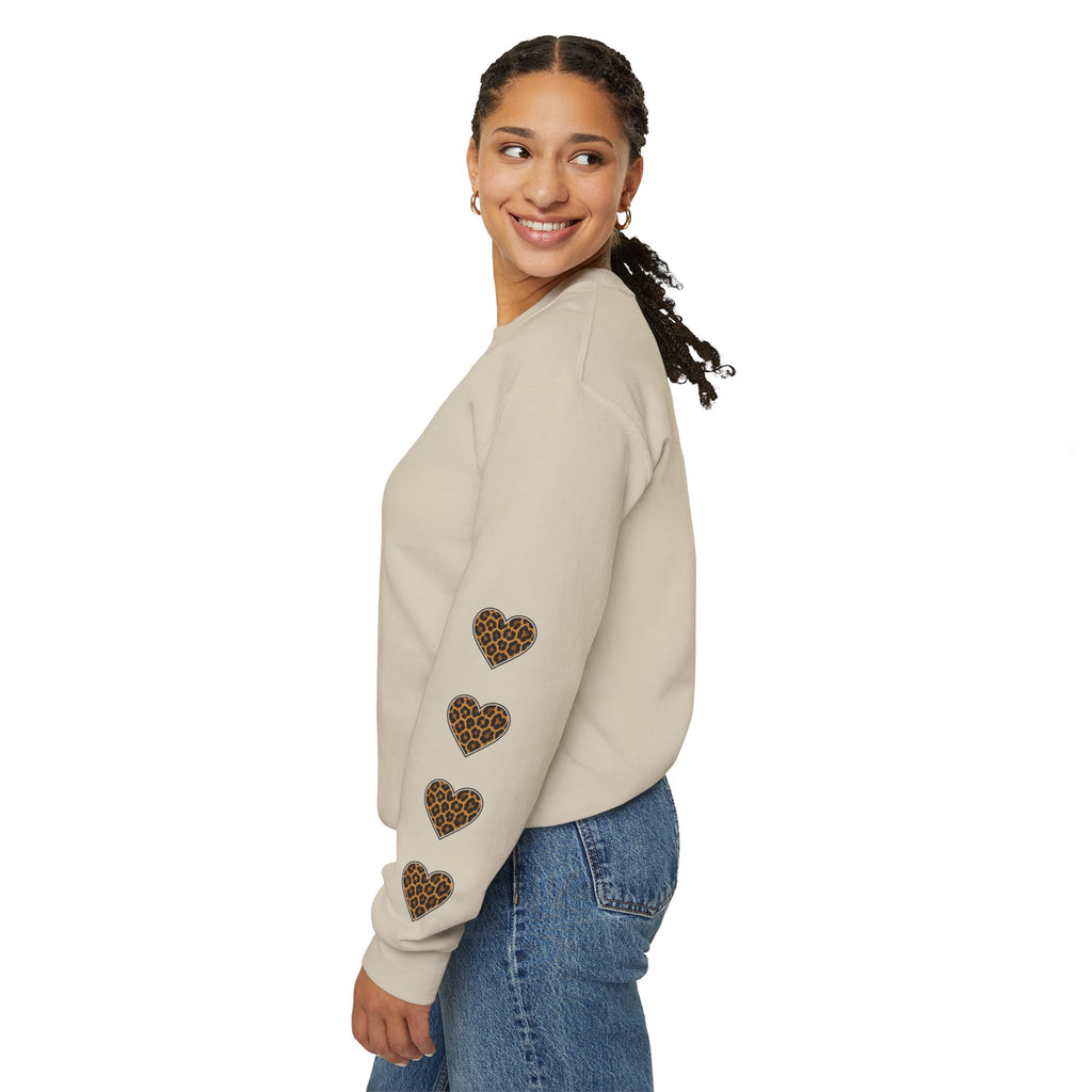 Mimi Personalized Crewneck Sweatshirt —  Leopard Heart Sleeve Design