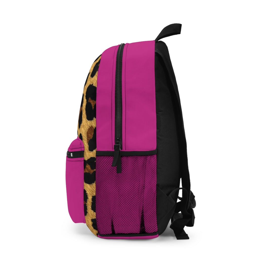 Leopard Print Pocket Backpack | Canvas Bag - Pink