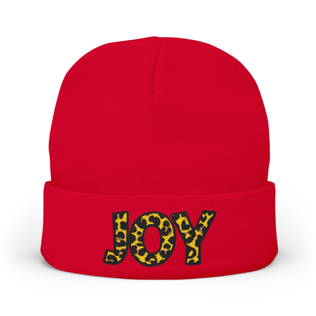Leopard Print JOY Embroidered Knit Beanie | Animal Print Winter Hat