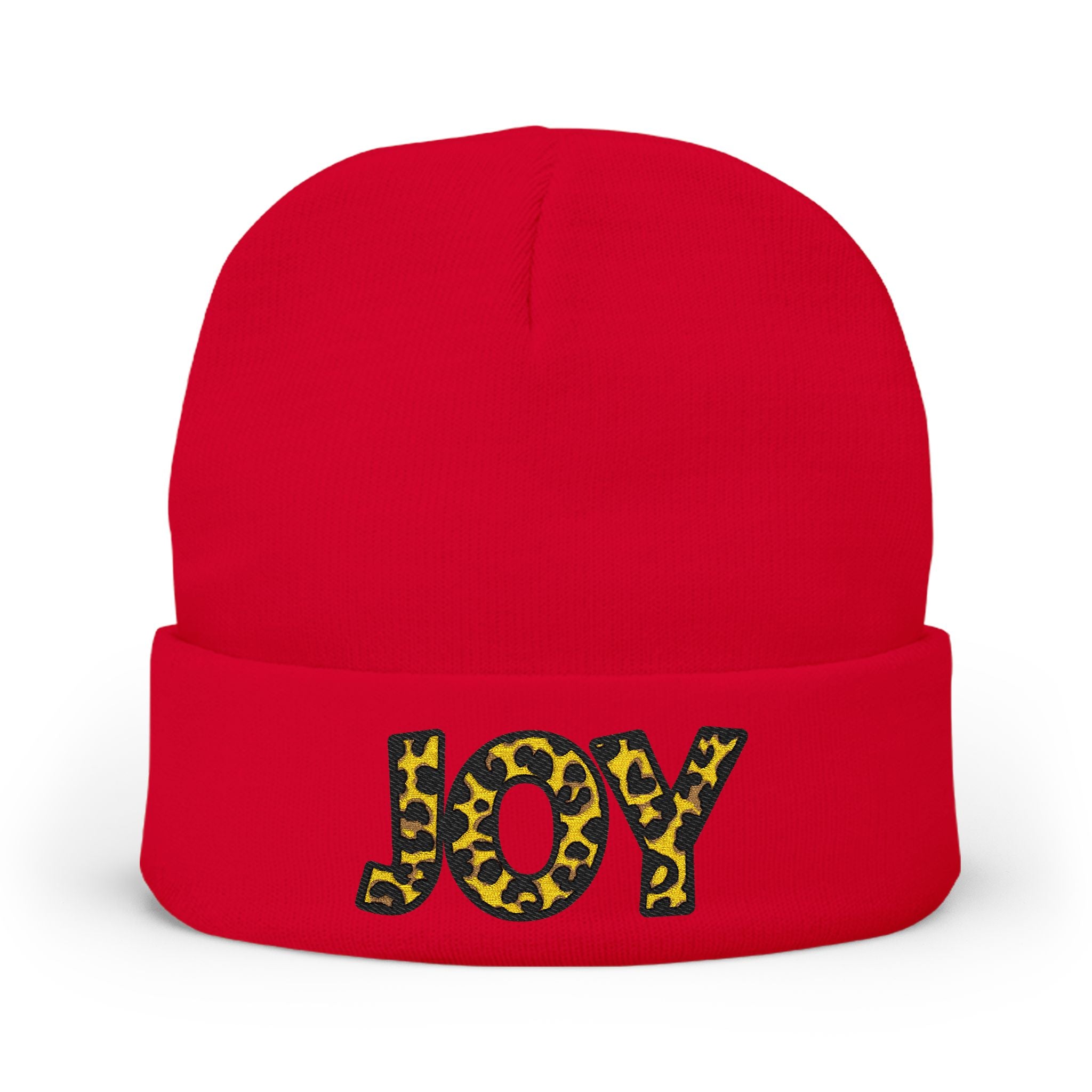 Leopard Print JOY Embroidered Knit Beanie | Animal Print Winter Hat