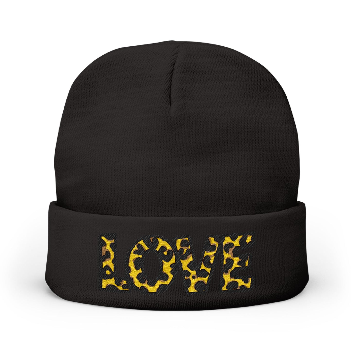 Leopard Print LOVE Embroidered Knit Beanie | Animal Print Winter Hat
