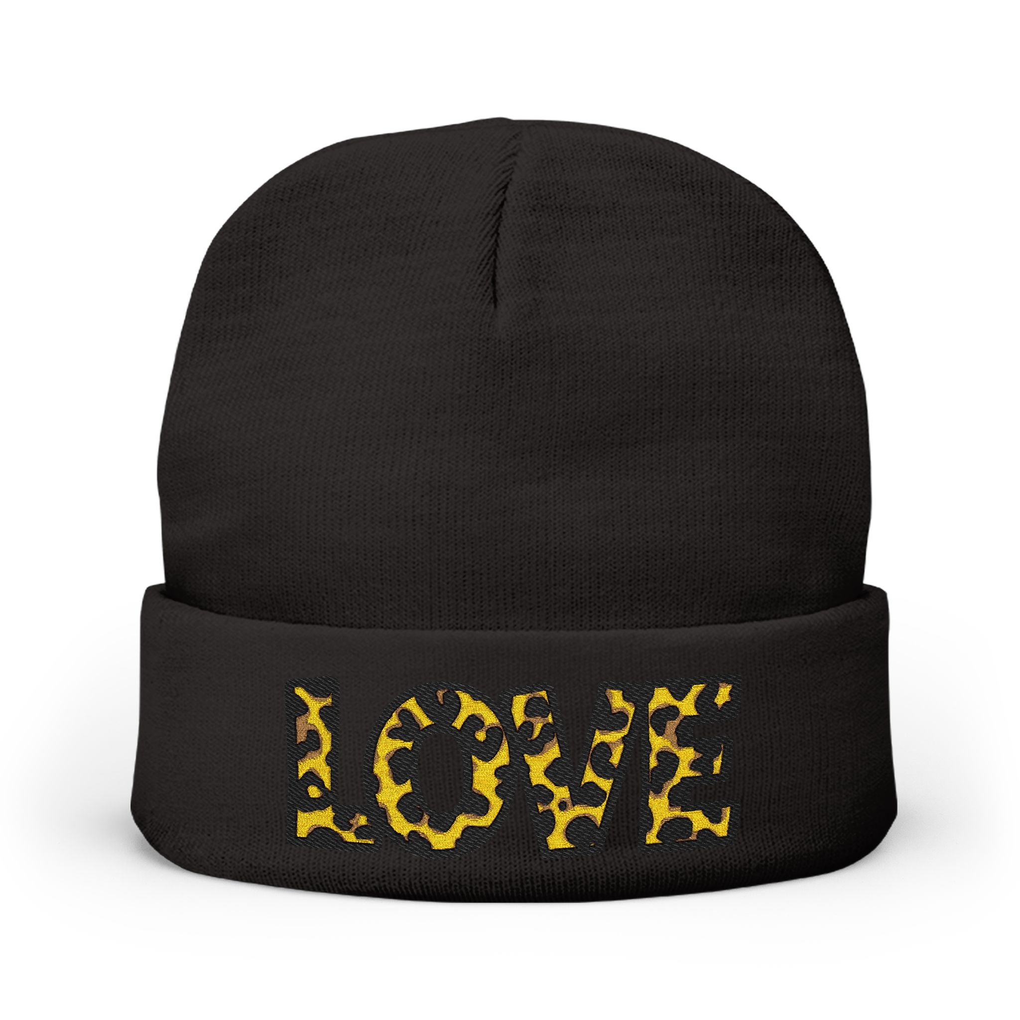 Leopard Print LOVE Embroidered Knit Beanie | Animal Print Winter Hat