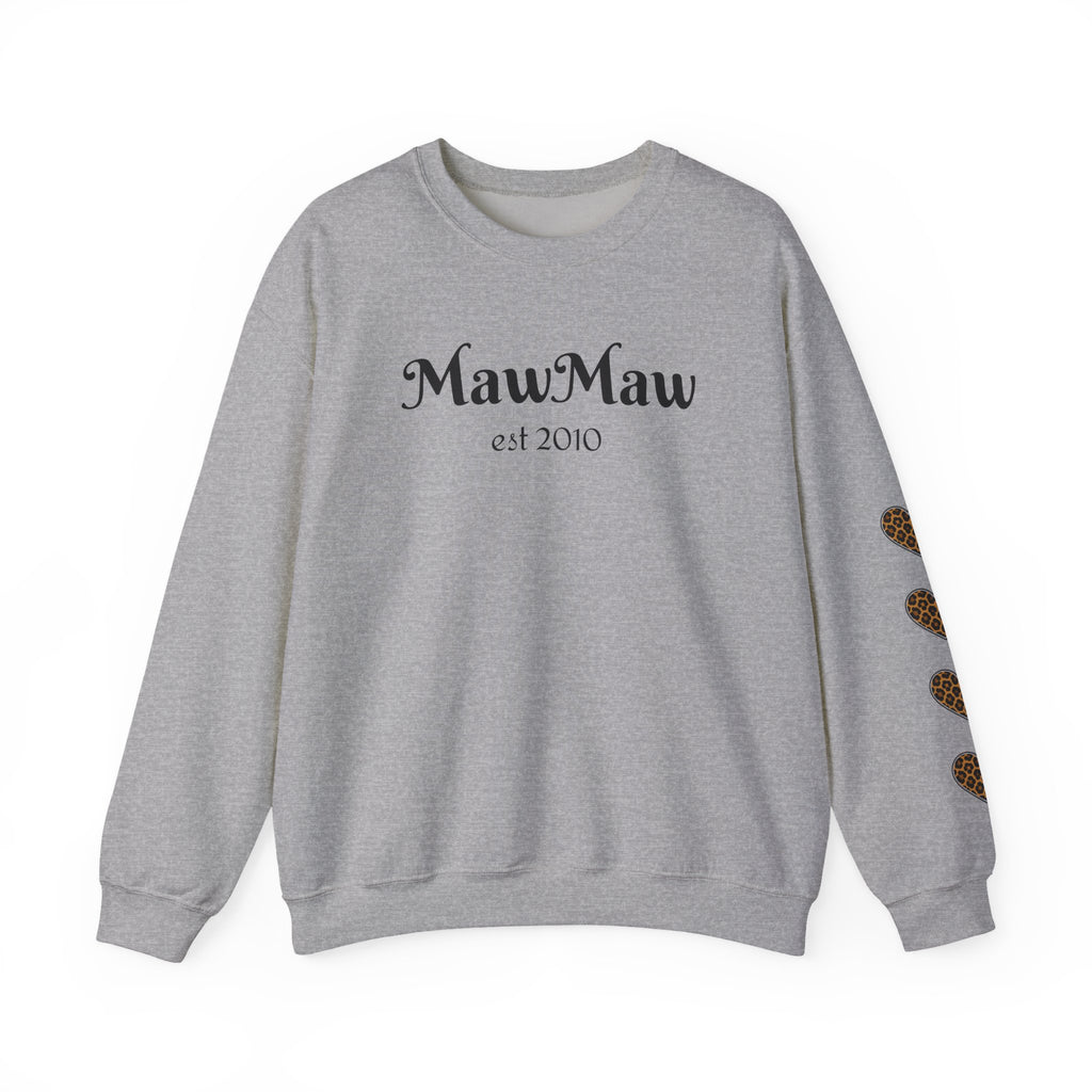MawMaw Personalized Crewneck Sweatshirt —  Leopard Heart Sleeve Design