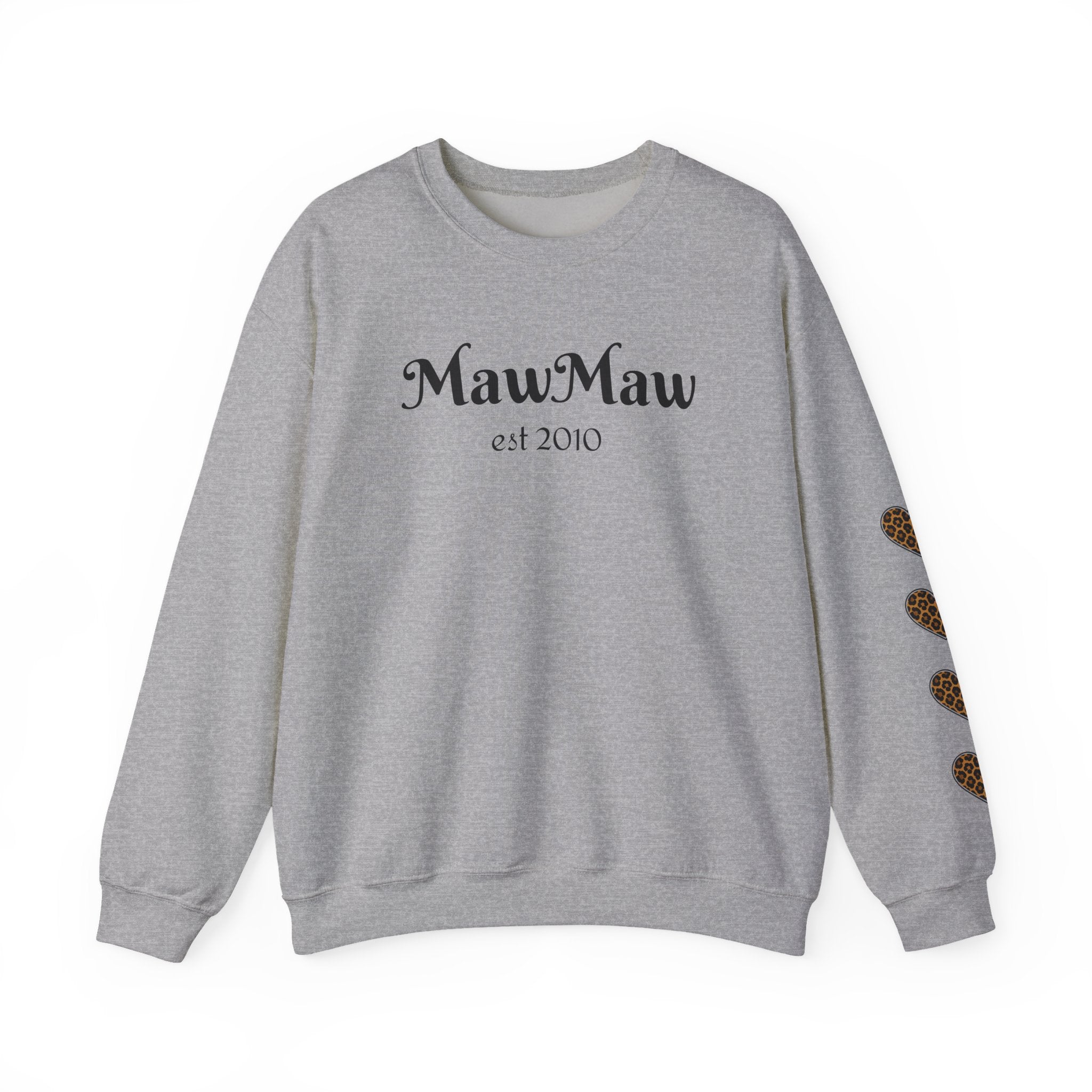 MawMaw Personalized Crewneck Sweatshirt —  Leopard Heart Sleeve Design