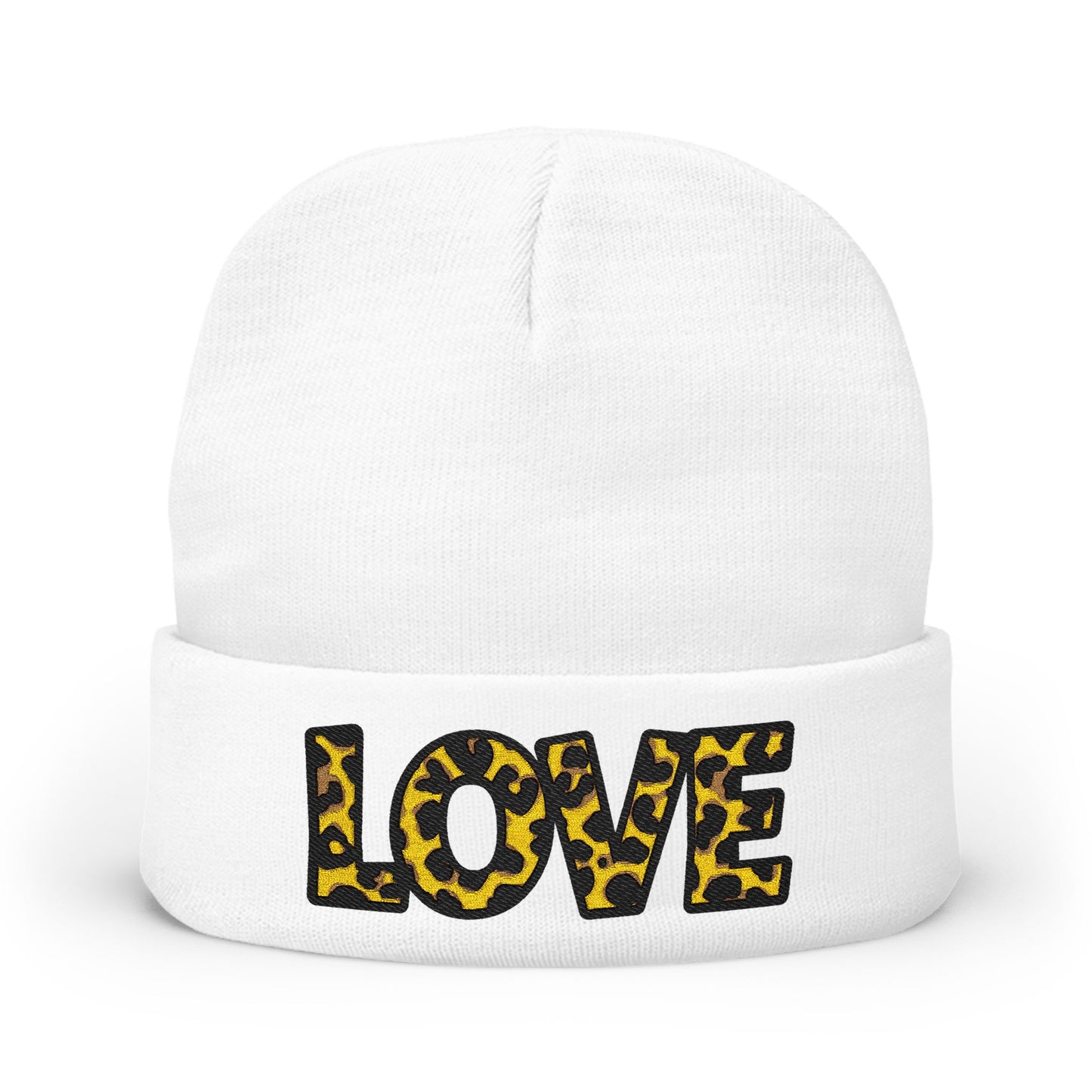 Leopard Print LOVE Embroidered Knit Beanie | Animal Print Winter Hat