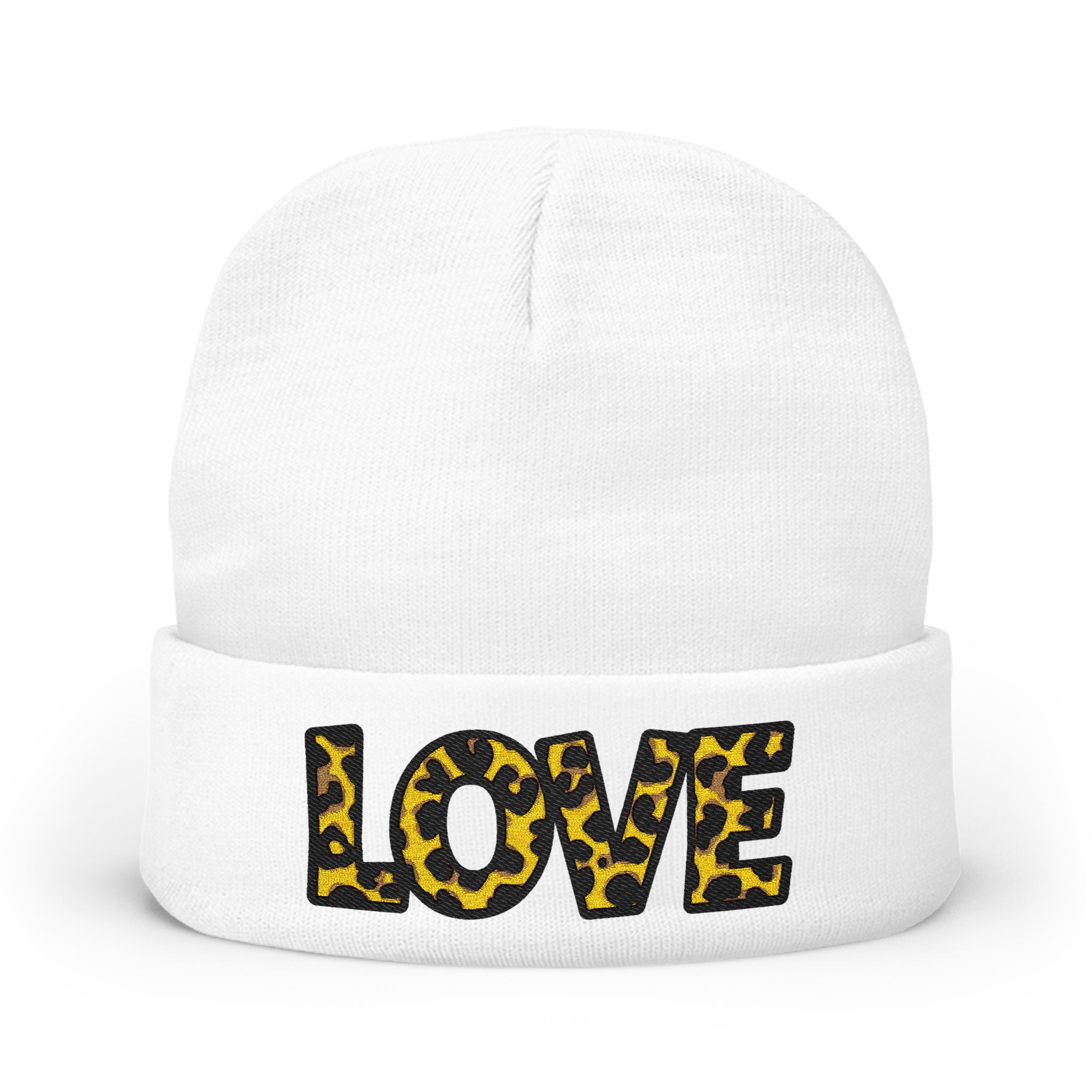Leopard Print LOVE Embroidered Knit Beanie | Animal Print Winter Hat