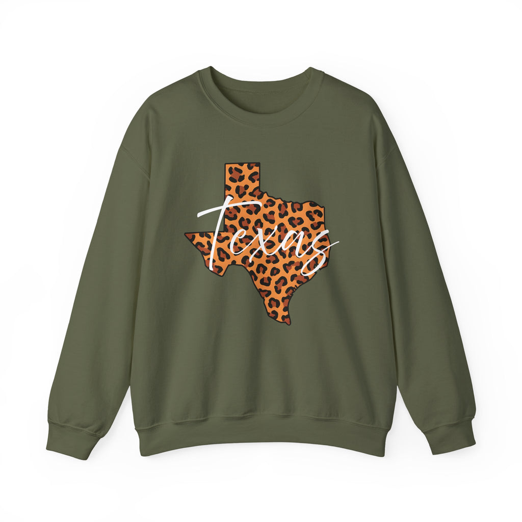 Leopard Print Texas Sweatshirt, Animal Print Pullover, Unisex Crewneck, Texas Gift, Cozy Leopard Sweatshirt, Wildlife Lover