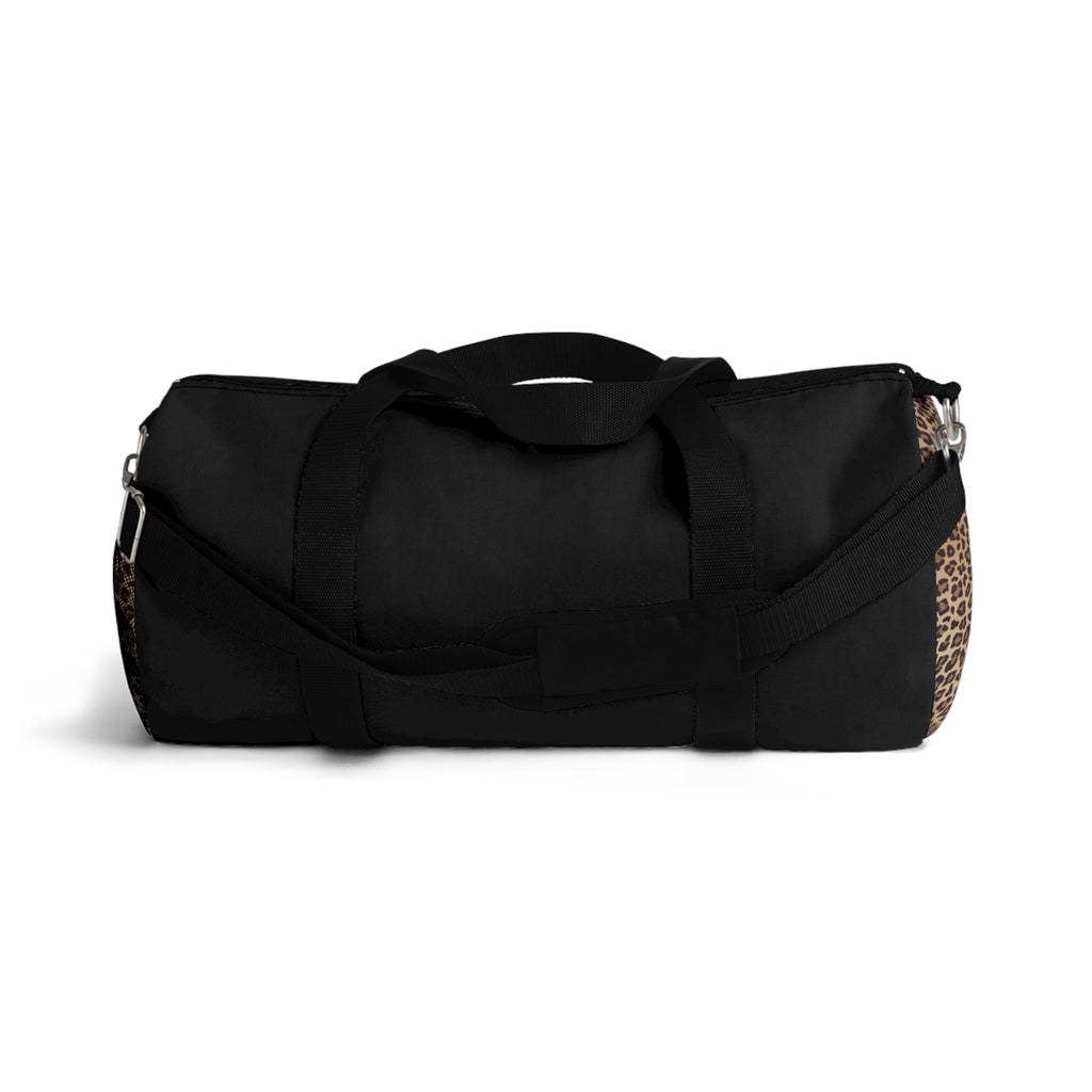 Leopard Monogram Duffel Bag — Black Travel Gym Bag with Animal Print Accent