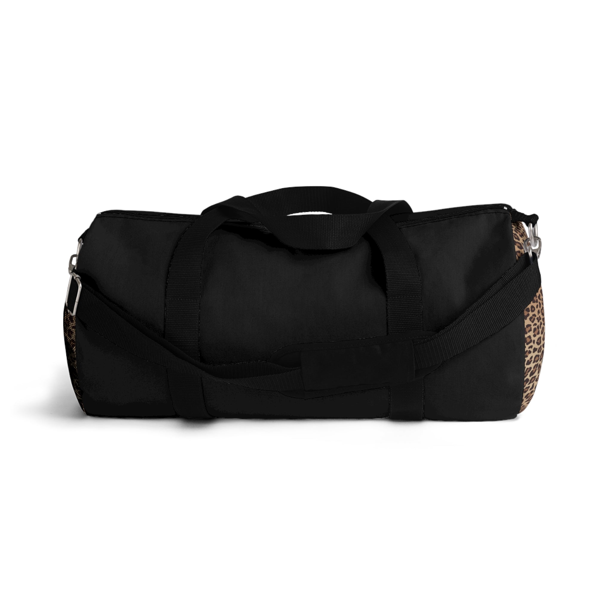 Leopard Monogram Duffel Bag — Black Travel Gym Bag with Animal Print Accent