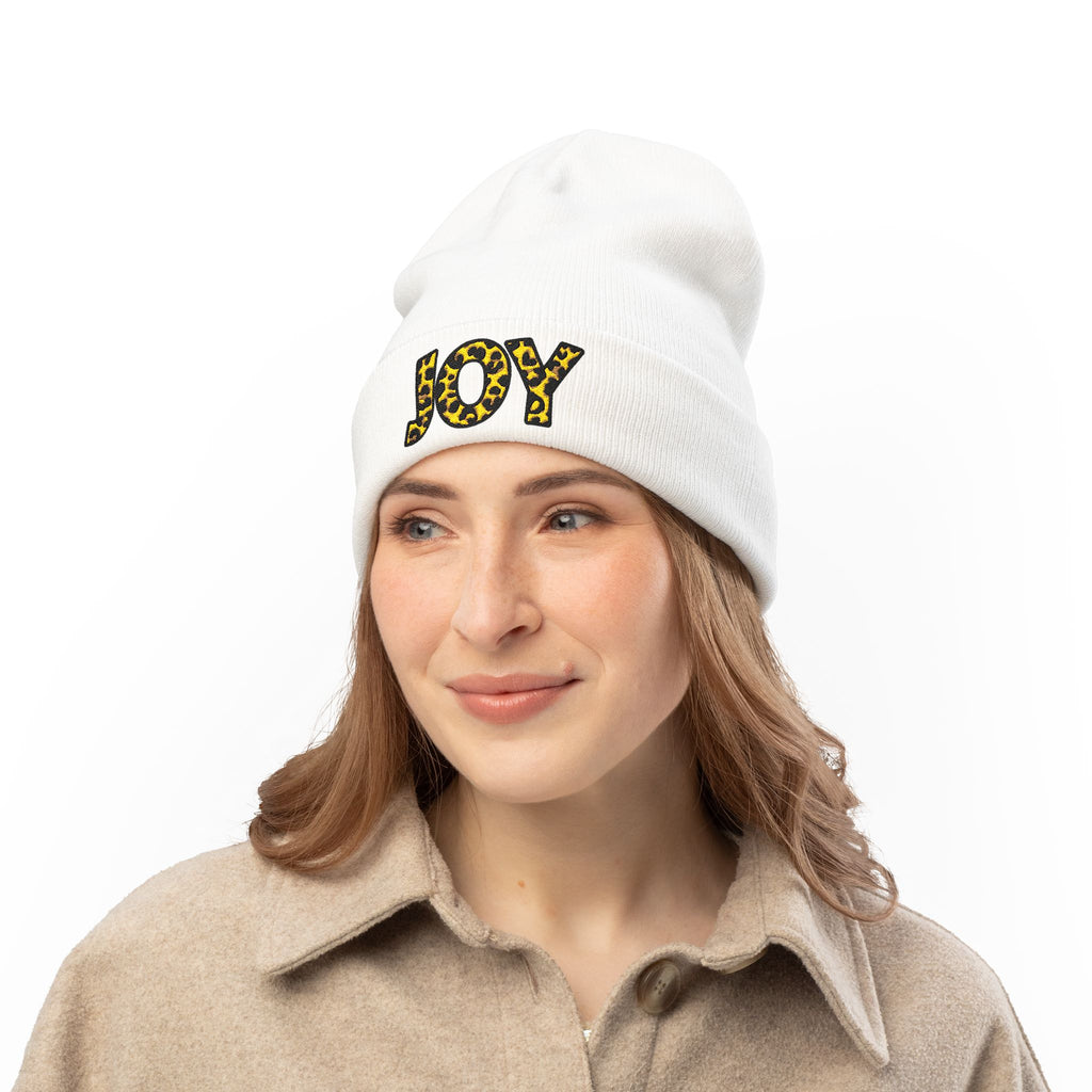Leopard Print JOY Embroidered Knit Beanie | Animal Print Winter Hat