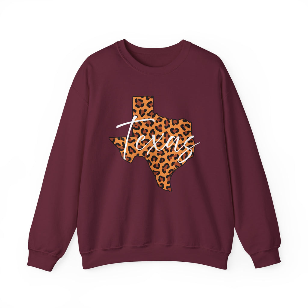 Leopard Print Texas Sweatshirt, Animal Print Pullover, Unisex Crewneck, Texas Gift, Cozy Leopard Sweatshirt, Wildlife Lover