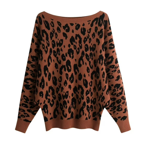 DeHolifer Sweater for Women Leopard Print Long Sleeve Crew Neck Chunky Knit Sweater