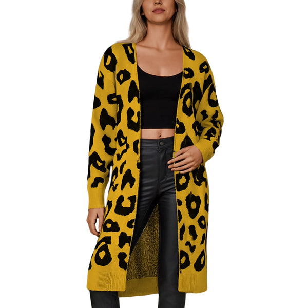 KANG Fashion Women's Leopard Print Cardigan Long Sleeve Open Front Knit Sweater Coat
