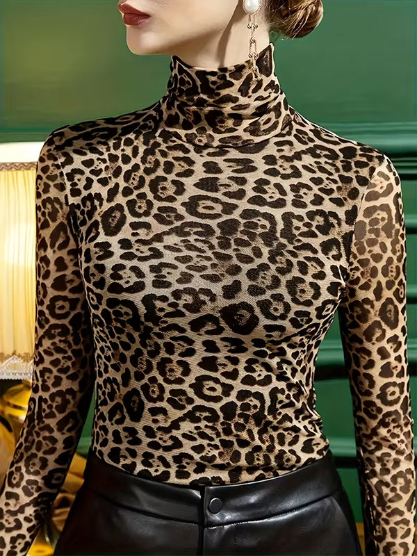 Elegant Leopard Print Turtleneck Tee for Women