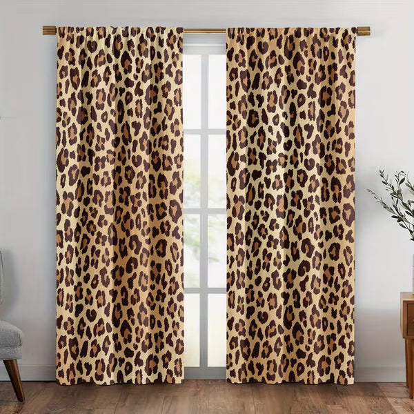 2pcs Leopard Print Blackout Curtains - Semi-Sheer Light Filtering Window Drapes